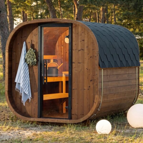 Luxury Premium ThermoWood Round Outdoor Sauna Designed for Two to Four People