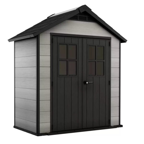 Keter Oakland 7.5 x 4 ft Plastic Shed – Wood-Look Resin Garden Shed, Grey