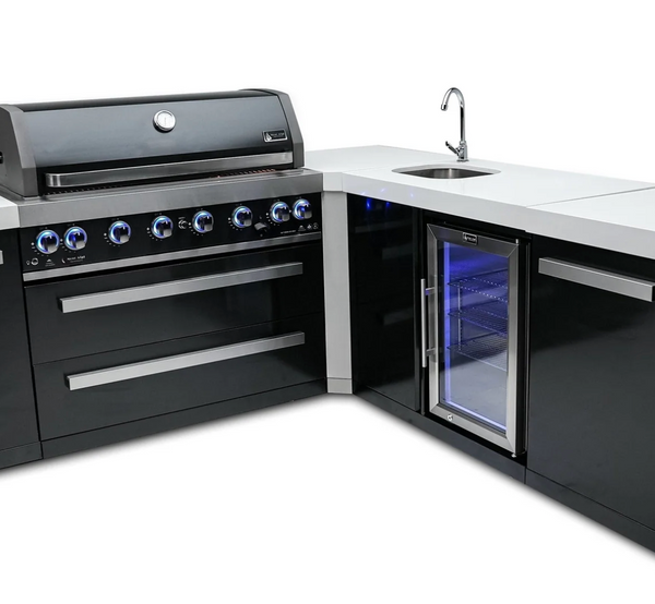 Mont Alpi 805 Black Stainless Outdoor Kitchen Island with Beverage Centre & 90° Corner – 6-Burner Grill, Sink, Fridge